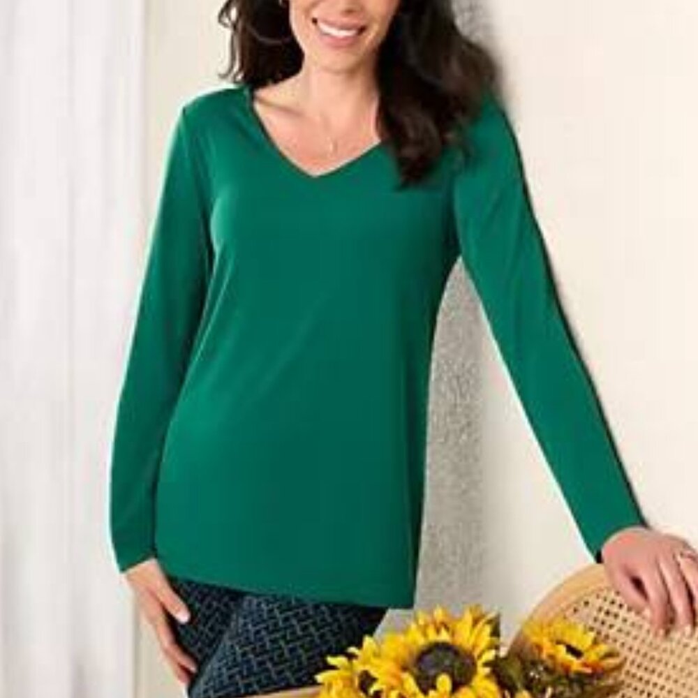 Susan Graver Green Liquid Knit V-Neck Long Sleeve Tunic-5X- NWT-Normcore